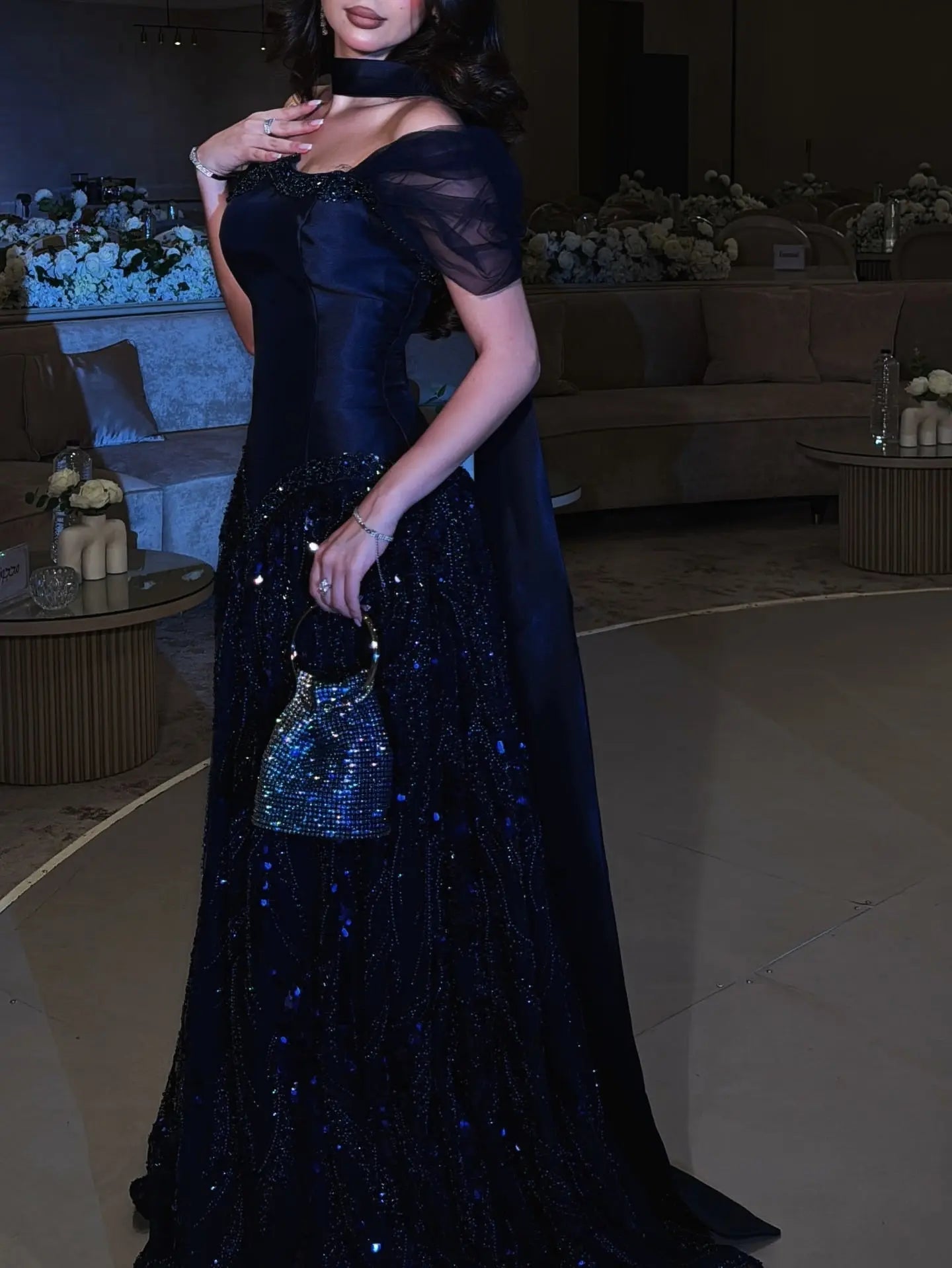 Luxury Off-Shoulder Sequin Evening Gown with Choker Scarf SL174