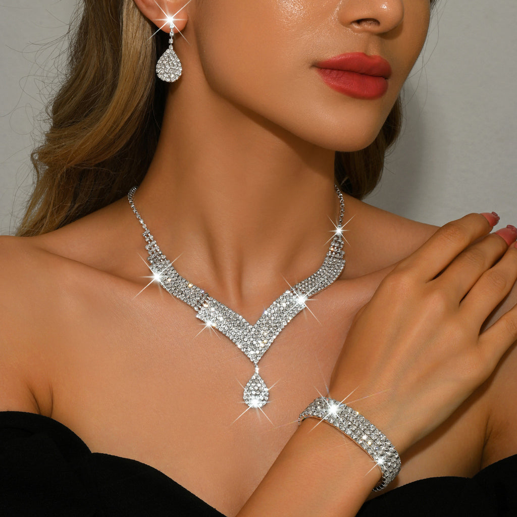 Luxury Gold Rhinestone Jewelry Set for Women Bridal Necklace Earrings Bracelet Ring Gift