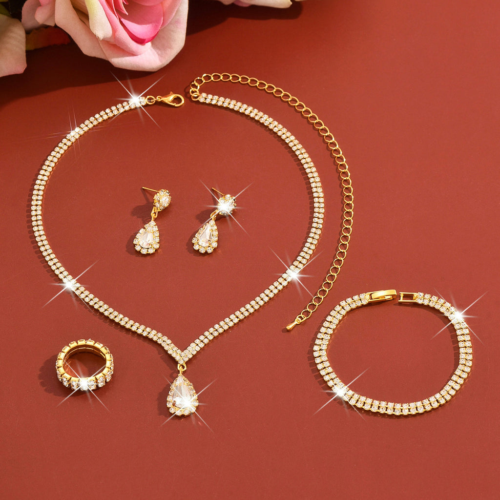 4 Piece Gold Rhinestone Jewelry Set Necklace Earrings Bracelet and Ring for Brides