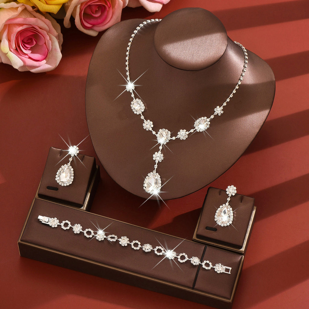 Silver Crystal Rhinestone Jewelry Set Teardrop Necklace Bracelet Earrings for Wedding or Party