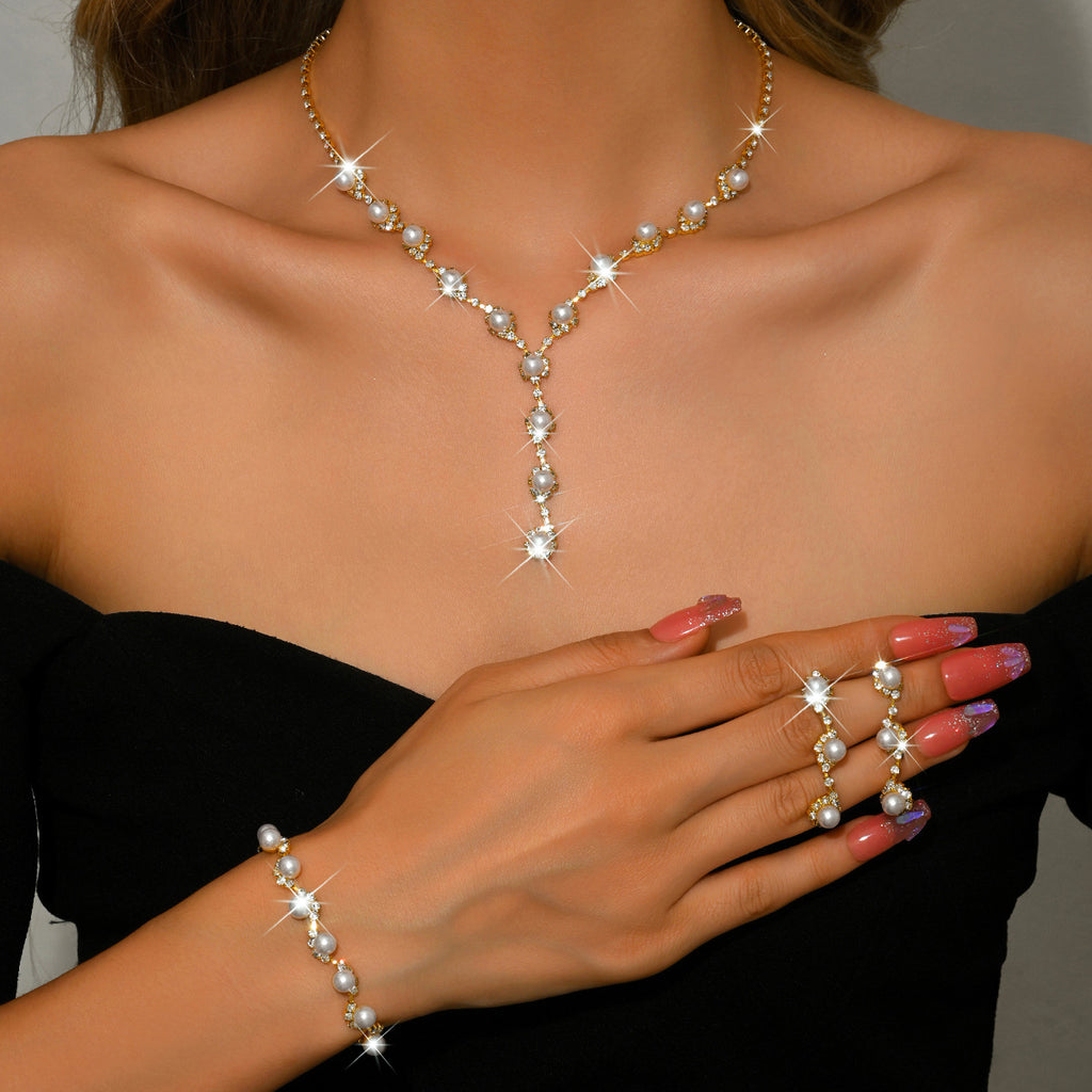 Gold Pearl Rhinestone Jewelry Set Necklace Bracelet Earrings for Wedding or Party