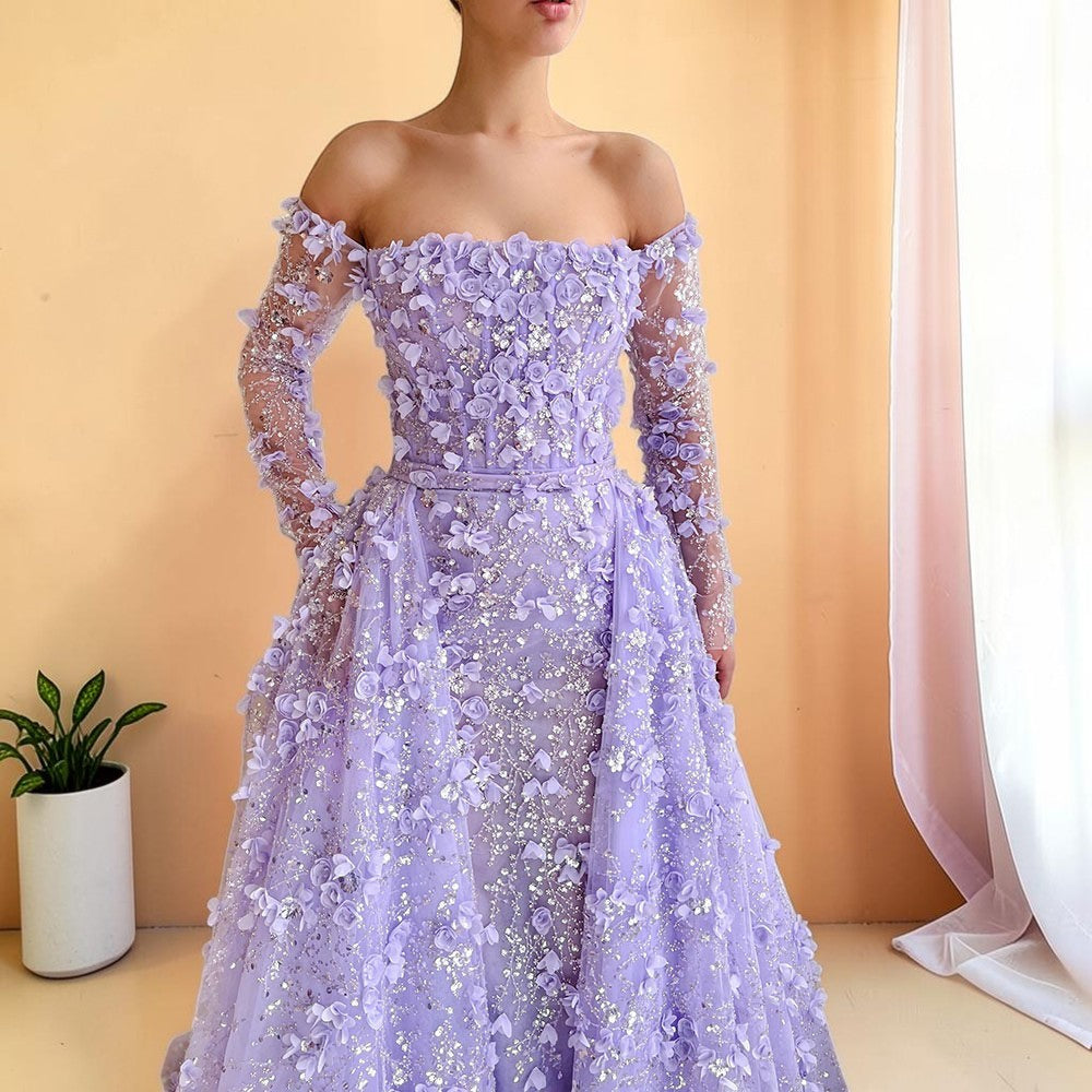 Elegent White Off-Shoulder 3D Floral Evening Gown with Sheer Sleeves SL200