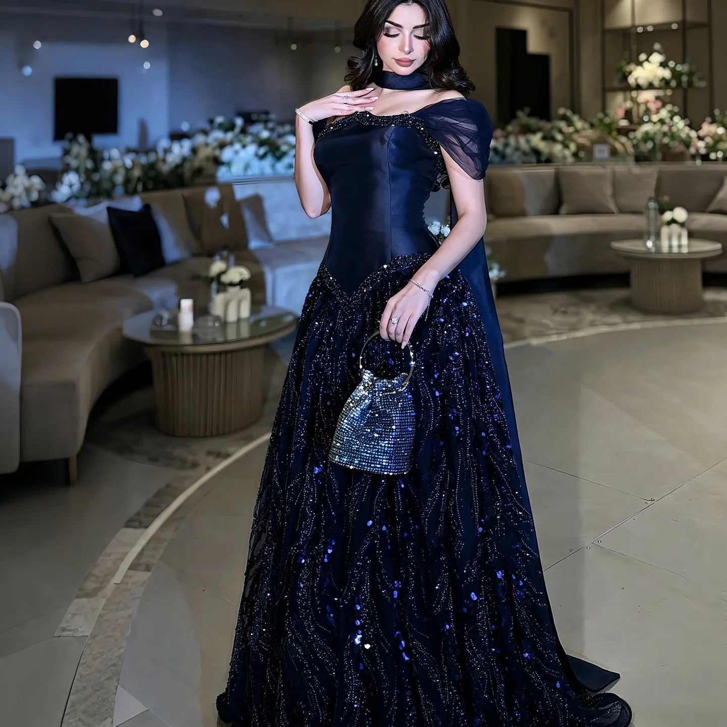 Luxury Off-Shoulder Sequin Evening Gown with Choker Scarf SL174