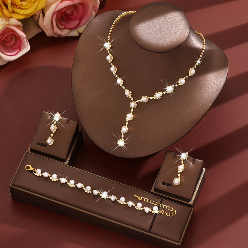 Gold Pearl Rhinestone Jewelry Set Necklace Bracelet Earrings for Wedding or Party