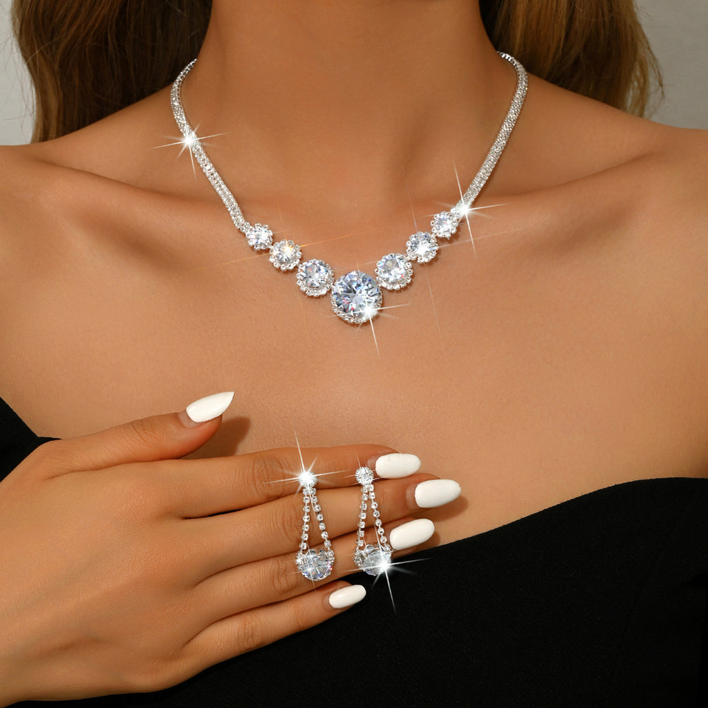 Silver Crystal Rhinestone Jewelry Set Round Necklace Drop Earrings for Wedding or Party