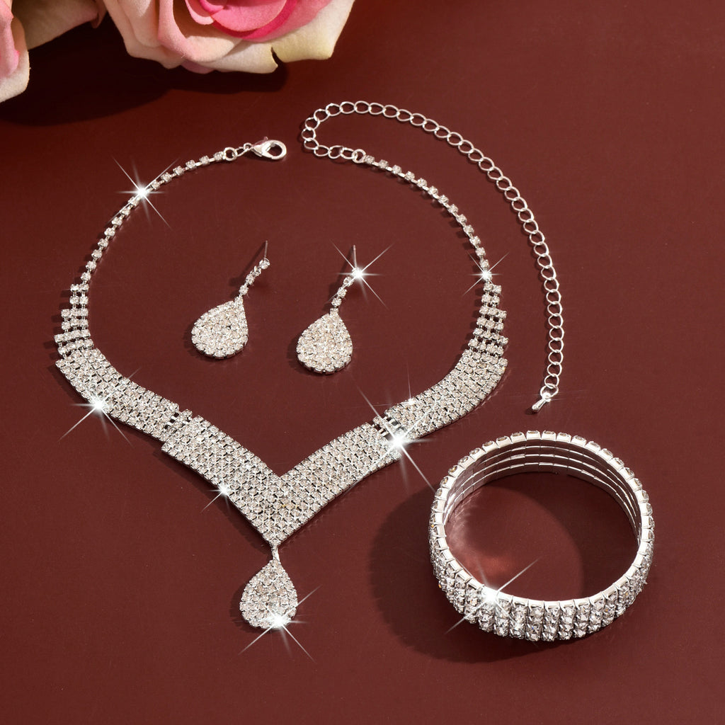 Luxury Gold Rhinestone Jewelry Set for Women Bridal Necklace Earrings Bracelet Ring Gift