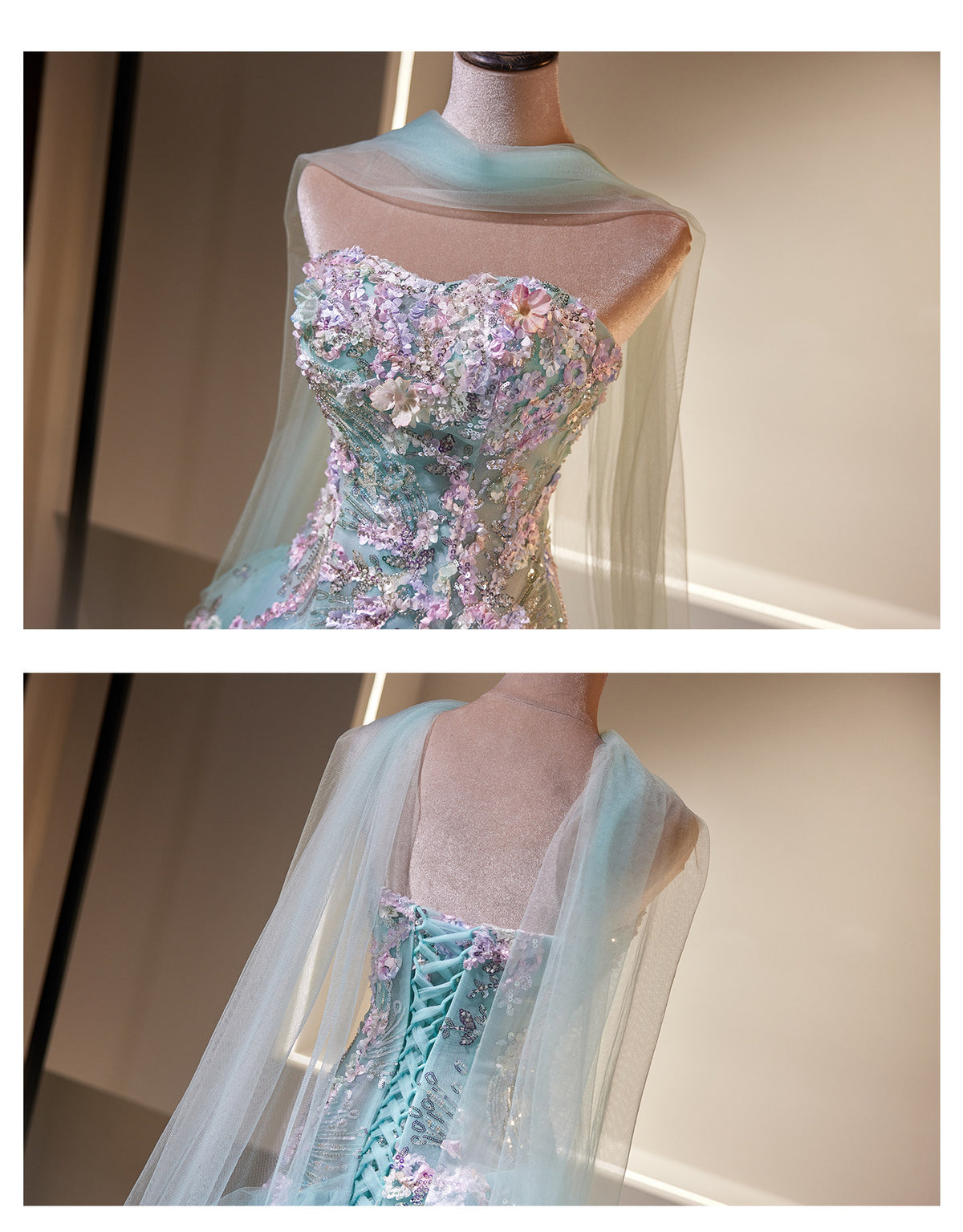 Luxury Lavender Strapless Beaded Evening Gown with Scarf SL136