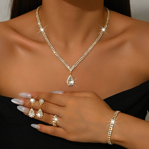 4 Piece Gold Rhinestone Jewelry Set Necklace Earrings Bracelet and Ring for Brides