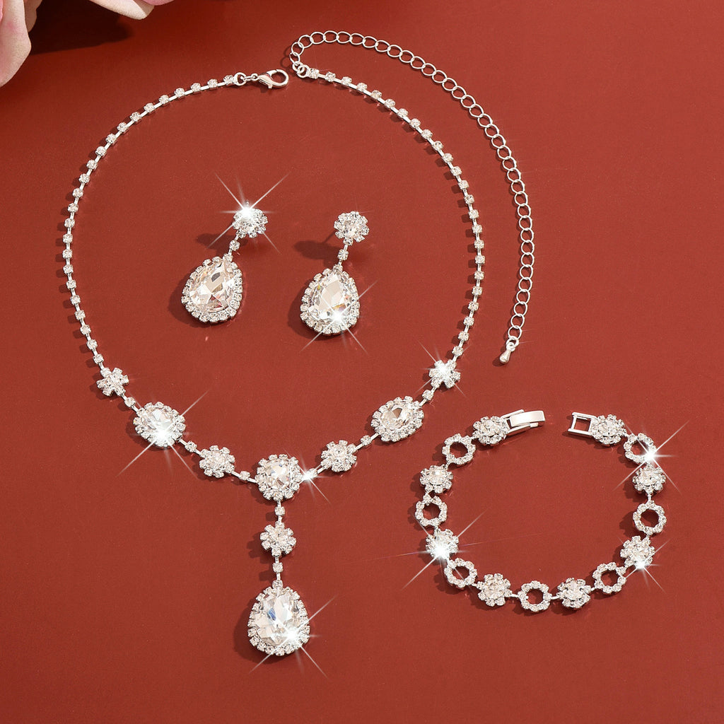 Silver Crystal Rhinestone Jewelry Set Teardrop Necklace Bracelet Earrings for Wedding or Party
