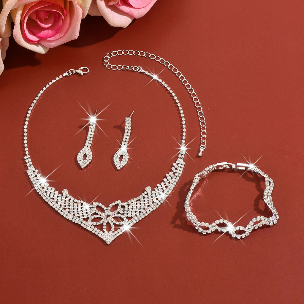 3 Piece Silver Rhinestone Jewelry Set Necklace Earrings and Bracelet for Brides