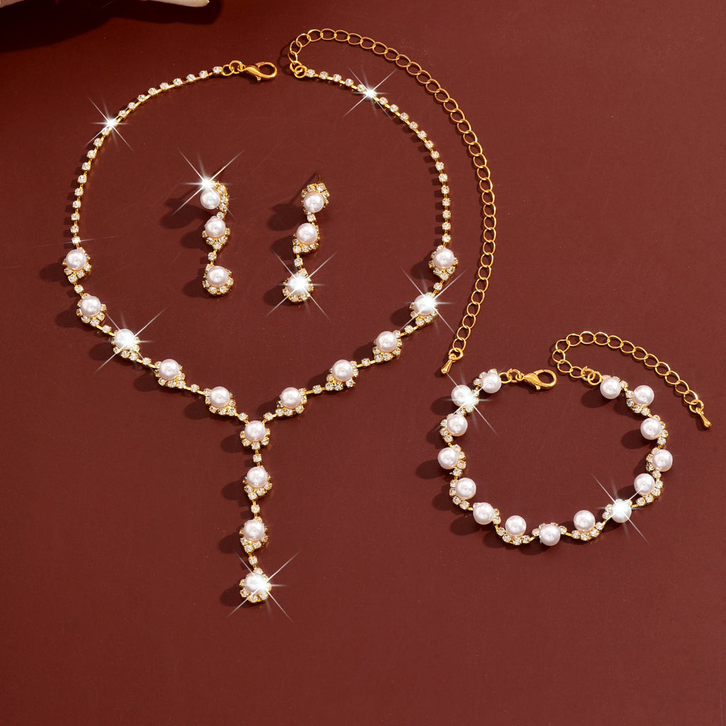 Gold Pearl Rhinestone Jewelry Set Necklace Bracelet Earrings for Wedding or Party