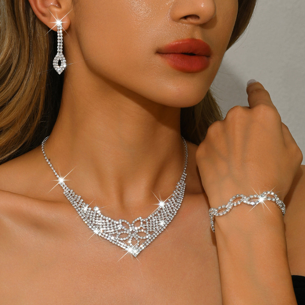 3 Piece Silver Rhinestone Jewelry Set Necklace Earrings and Bracelet for Brides