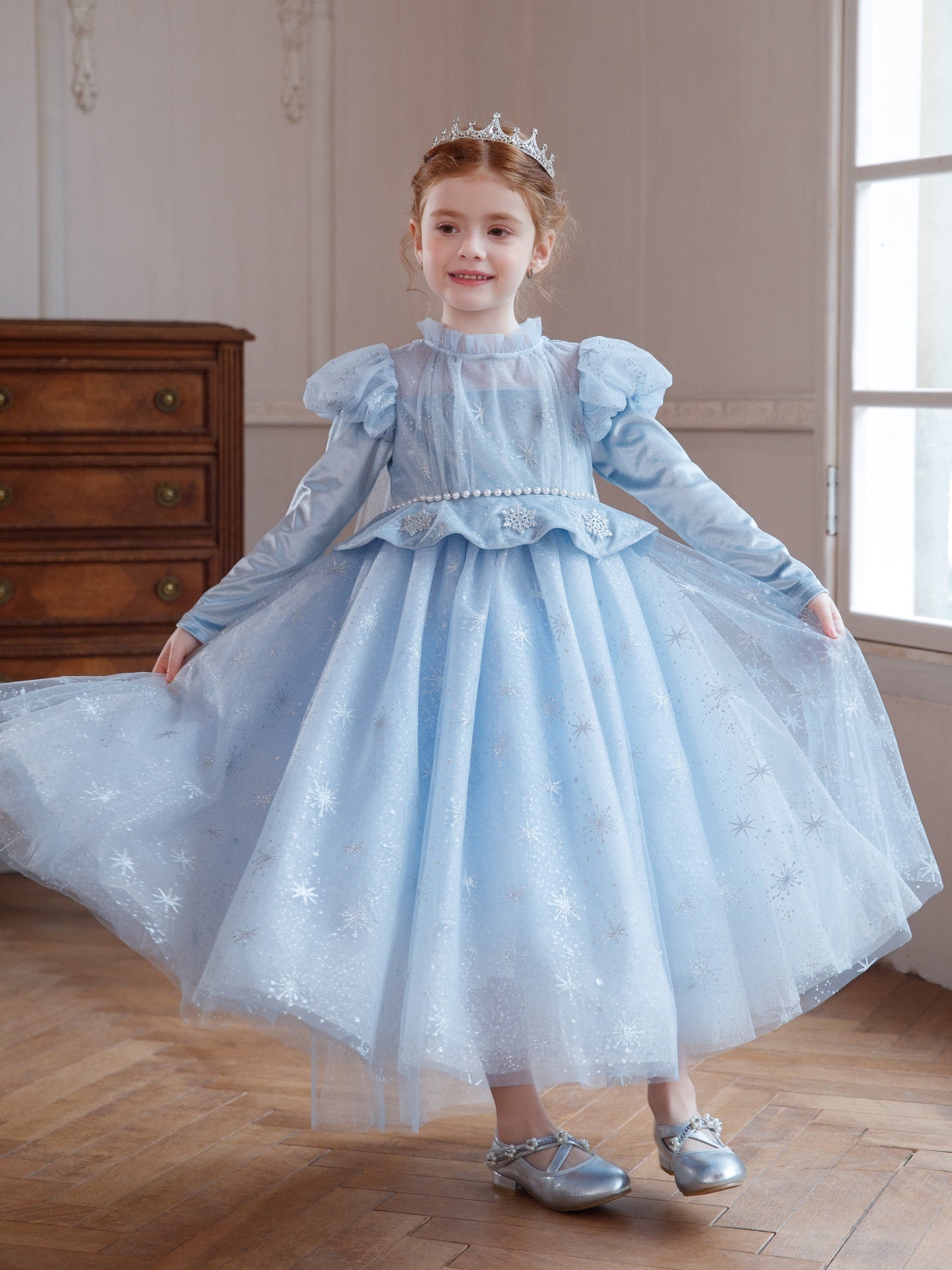New Arrival Girls' Light Blue Sequin Tulle Dress Premium Puffy Christmas Birthday Formal Wear
