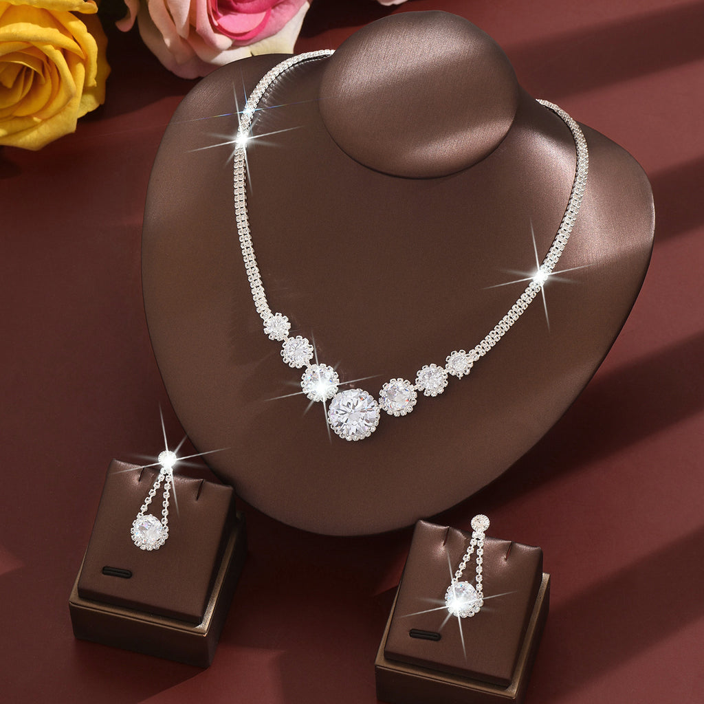 Silver Crystal Rhinestone Jewelry Set Round Necklace Drop Earrings for Wedding or Party