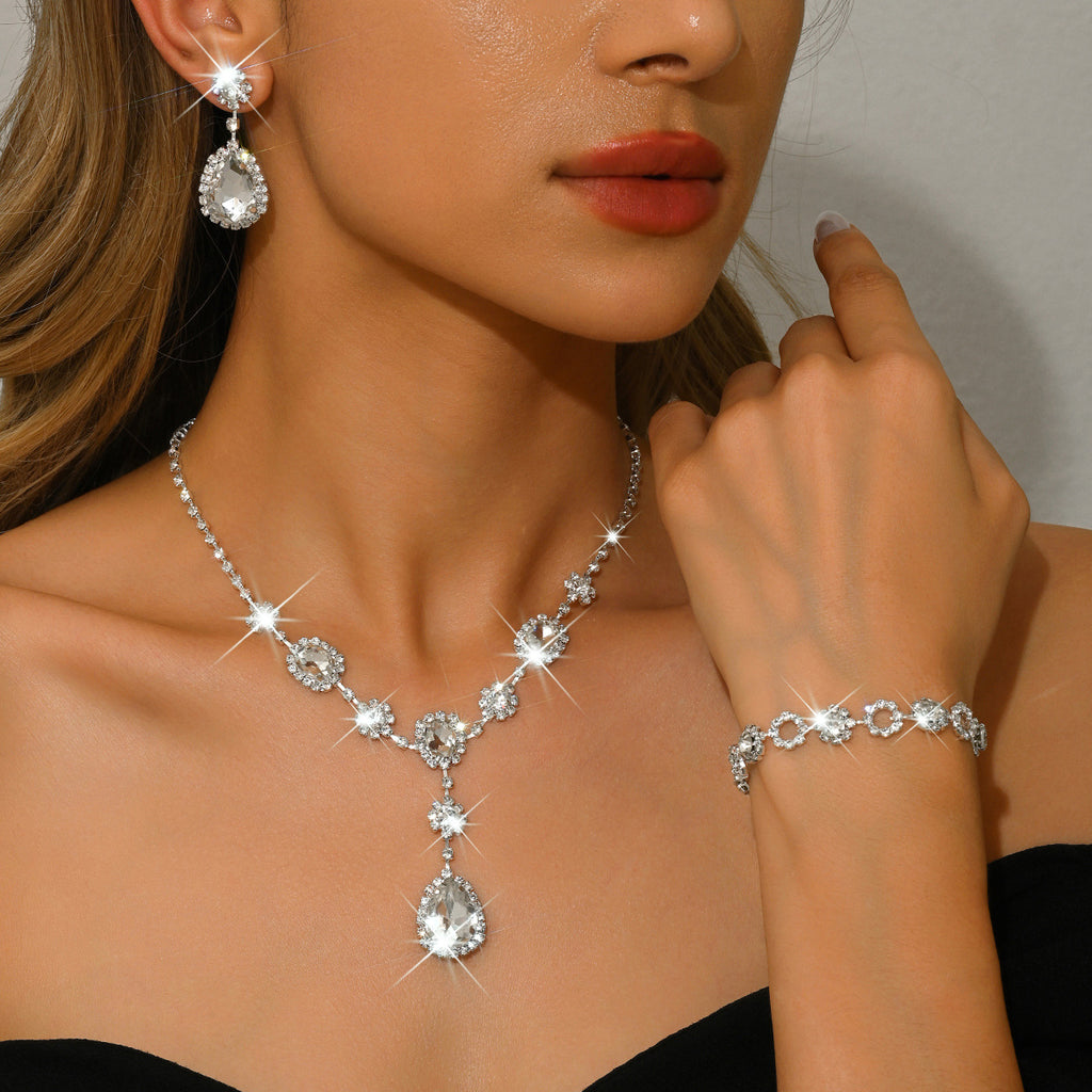 Silver Crystal Rhinestone Jewelry Set Teardrop Necklace Bracelet Earrings for Wedding or Party