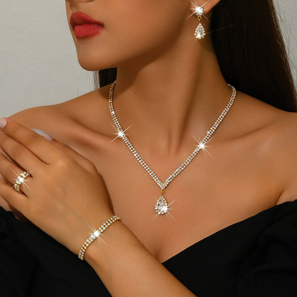 4 Piece Gold Rhinestone Jewelry Set Necklace Earrings Bracelet and Ring for Brides
