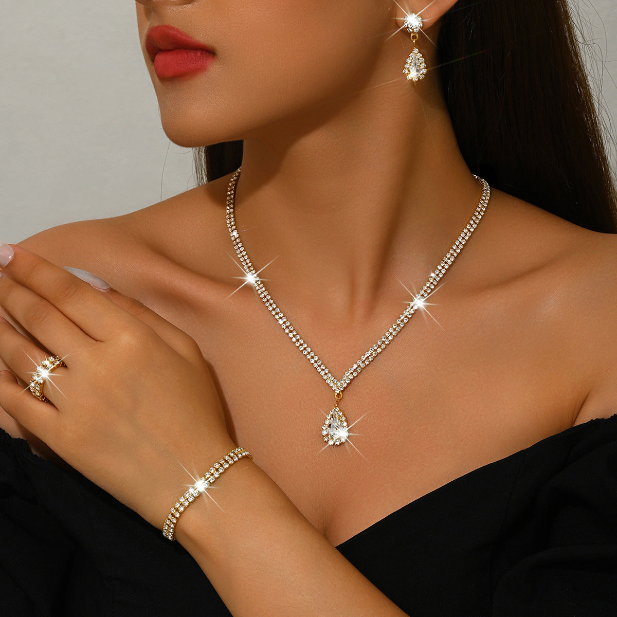 4 Piece Gold Rhinestone Jewelry Set Necklace Earrings Bracelet and Ring for Brides