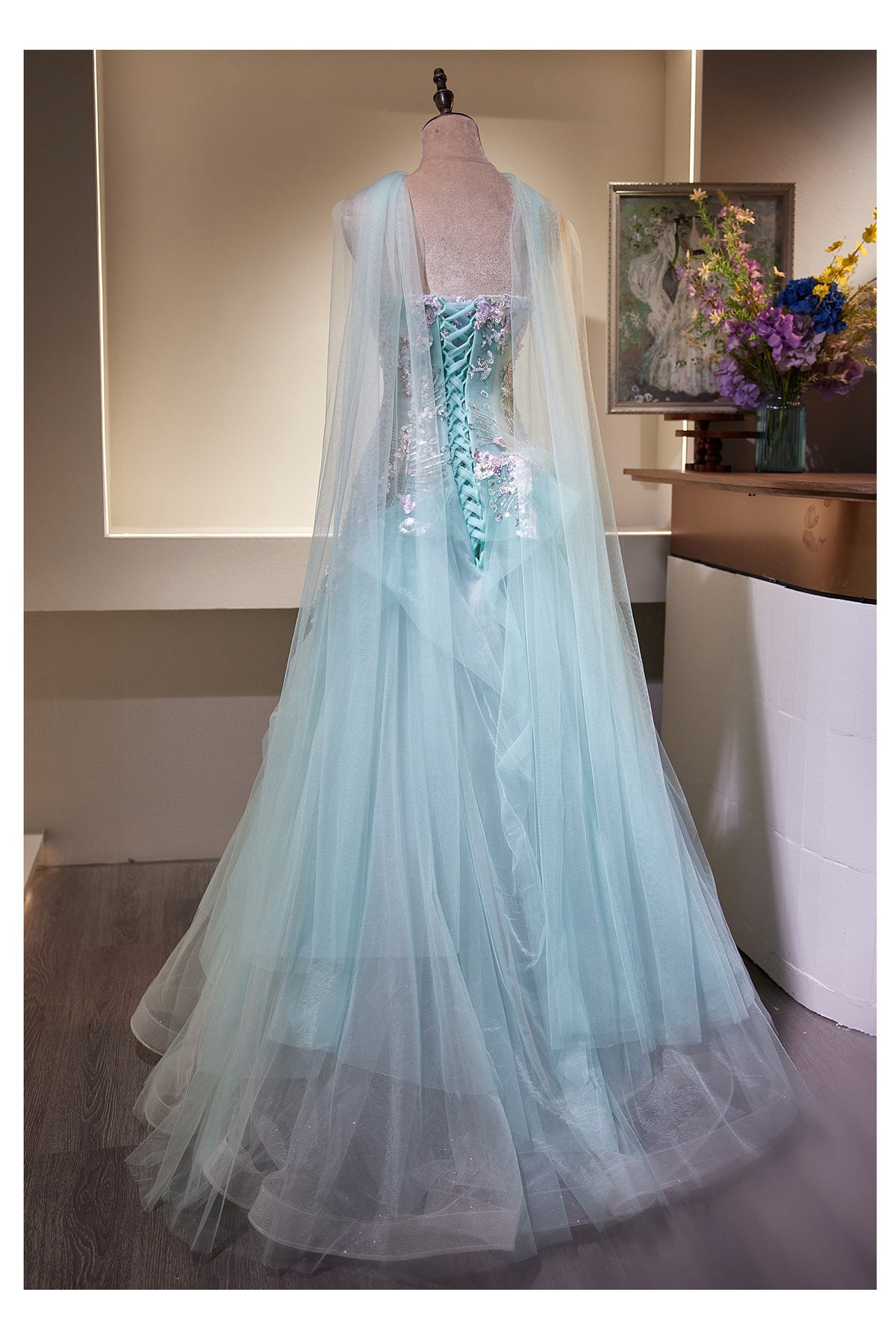 Luxury Lavender Strapless Beaded Evening Gown with Scarf SL136