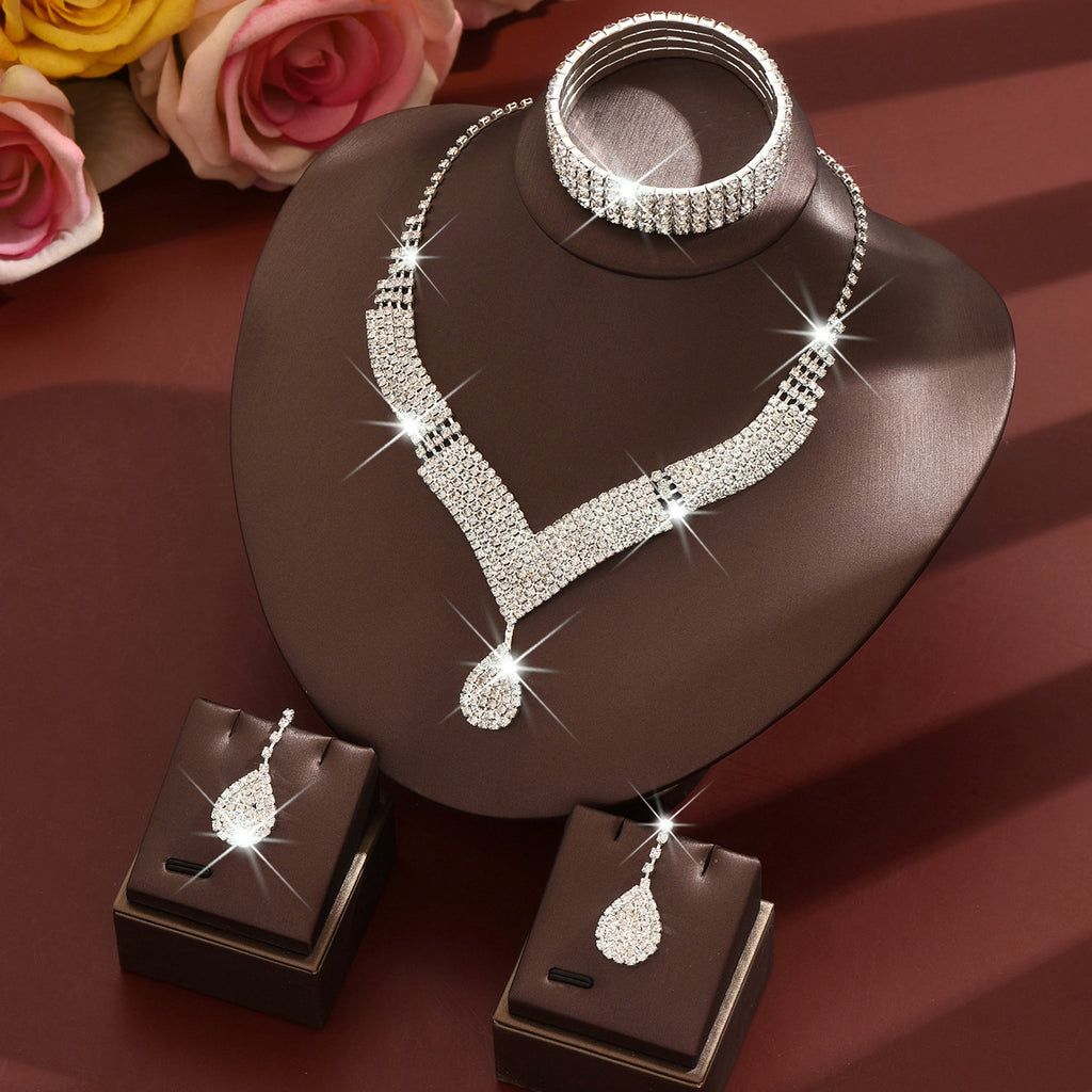 Luxury Gold Rhinestone Jewelry Set for Women Bridal Necklace Earrings Bracelet Ring Gift