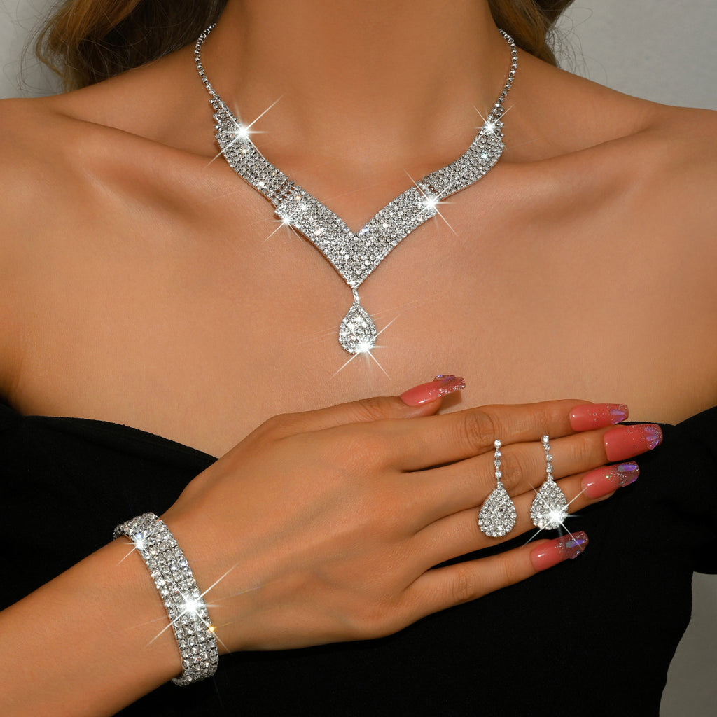 Luxury Gold Rhinestone Jewelry Set for Women Bridal Necklace Earrings Bracelet Ring Gift