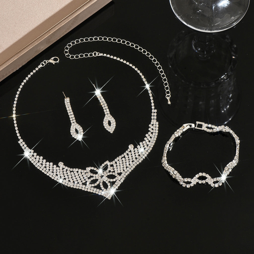 3 Piece Silver Rhinestone Jewelry Set Necklace Earrings and Bracelet for Brides