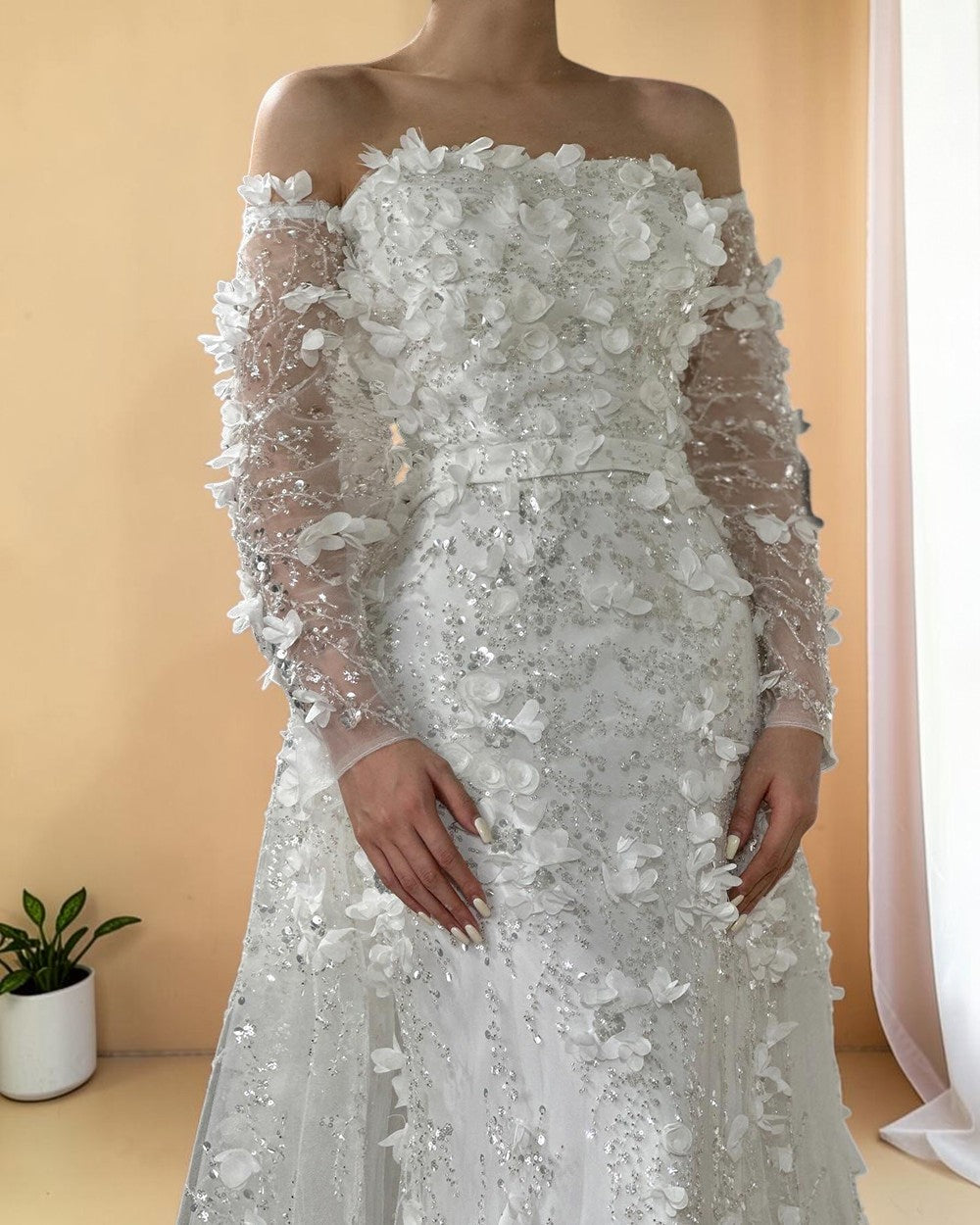 Elegent White Off-Shoulder 3D Floral Evening Gown with Sheer Sleeves SL200