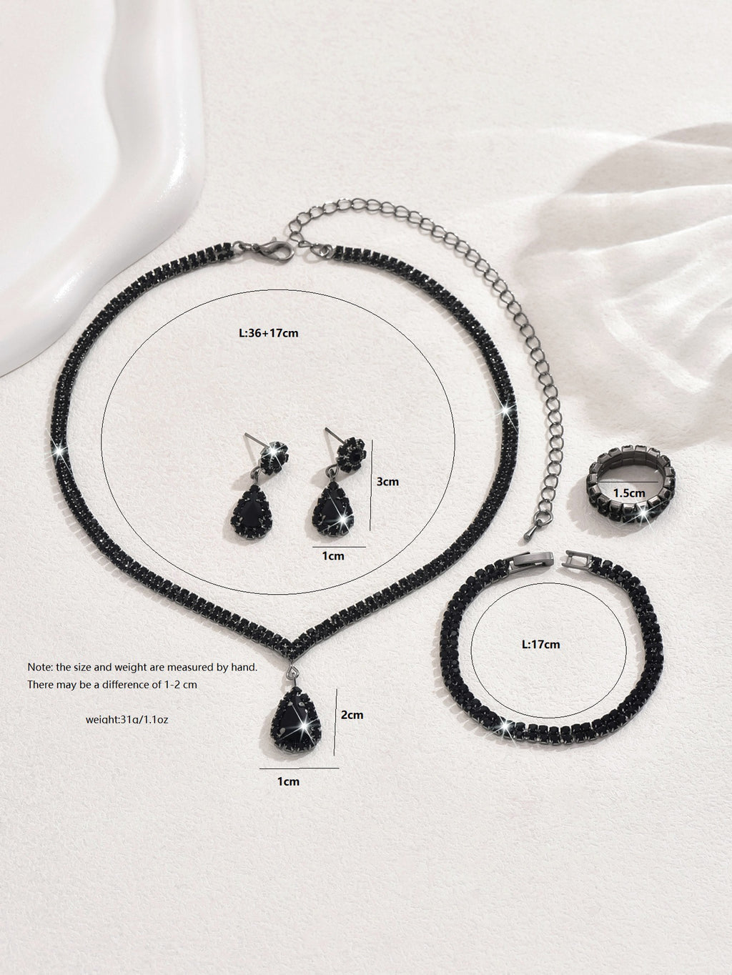 4 Piece Gold Rhinestone Jewelry Set Necklace Earrings Bracelet and Ring for Brides