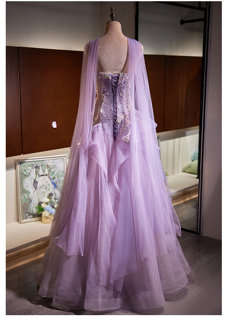 Luxury Lavender Strapless Beaded Evening Gown with Scarf SL136
