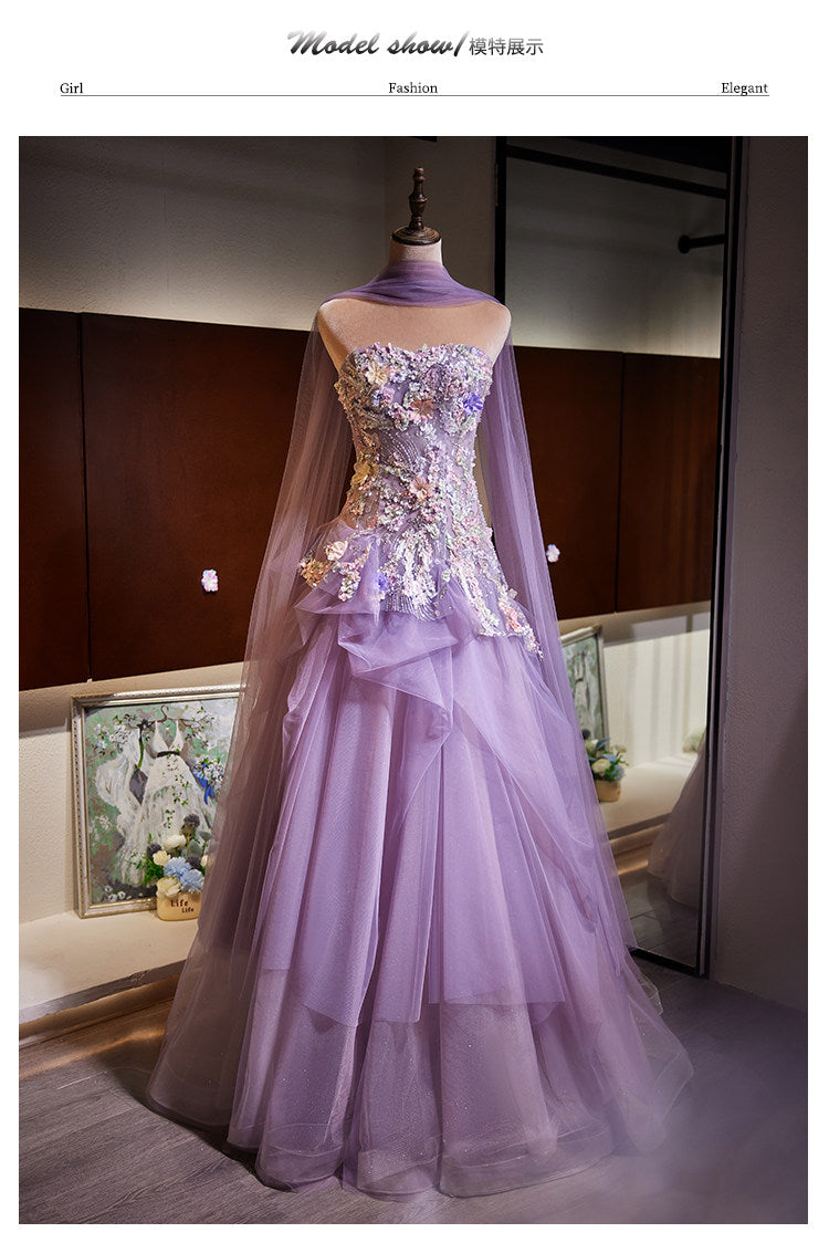 Luxury Lavender Strapless Beaded Evening Gown with Scarf SL136