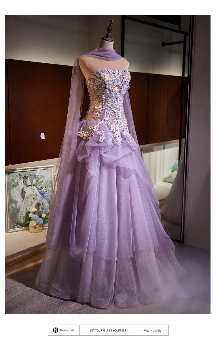 Luxury Lavender Strapless Beaded Evening Gown with Scarf SL136