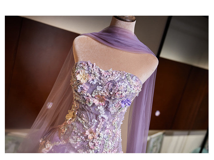 Luxury Lavender Strapless Beaded Evening Gown with Scarf SL136