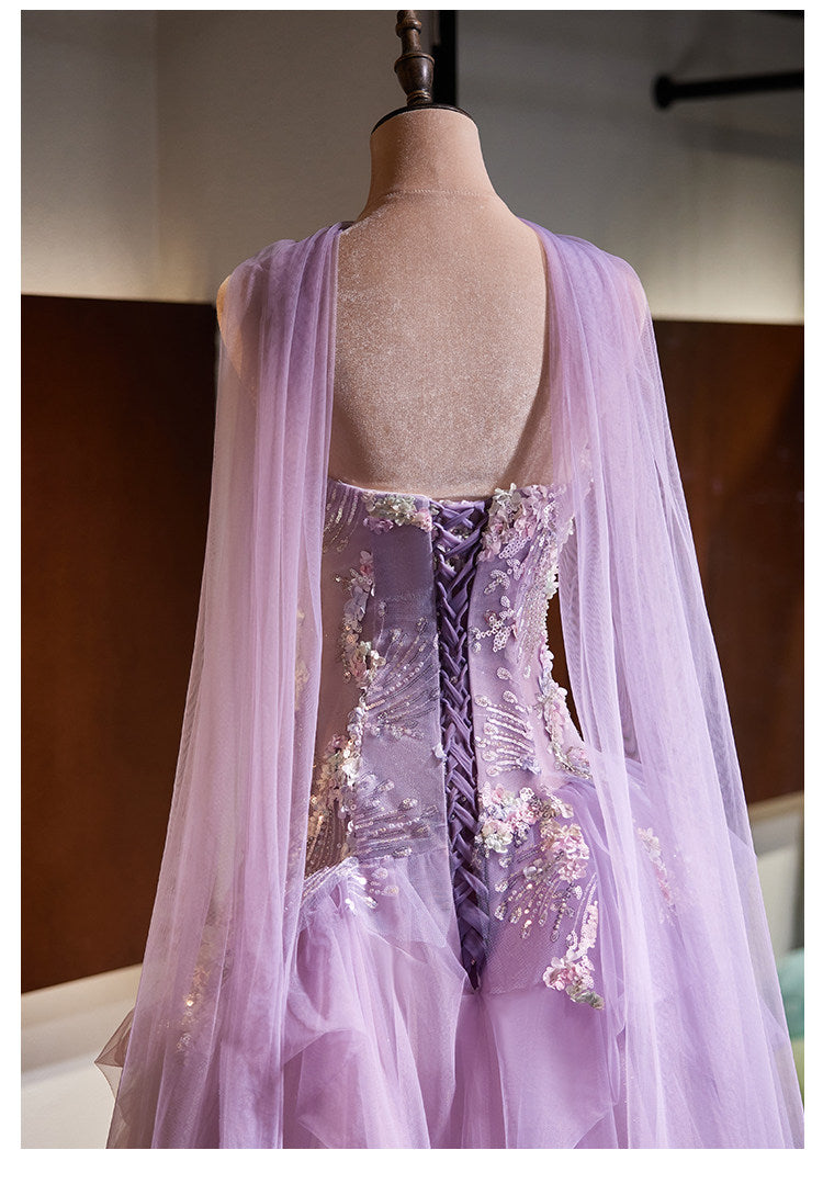 Luxury Lavender Strapless Beaded Evening Gown with Scarf SL136