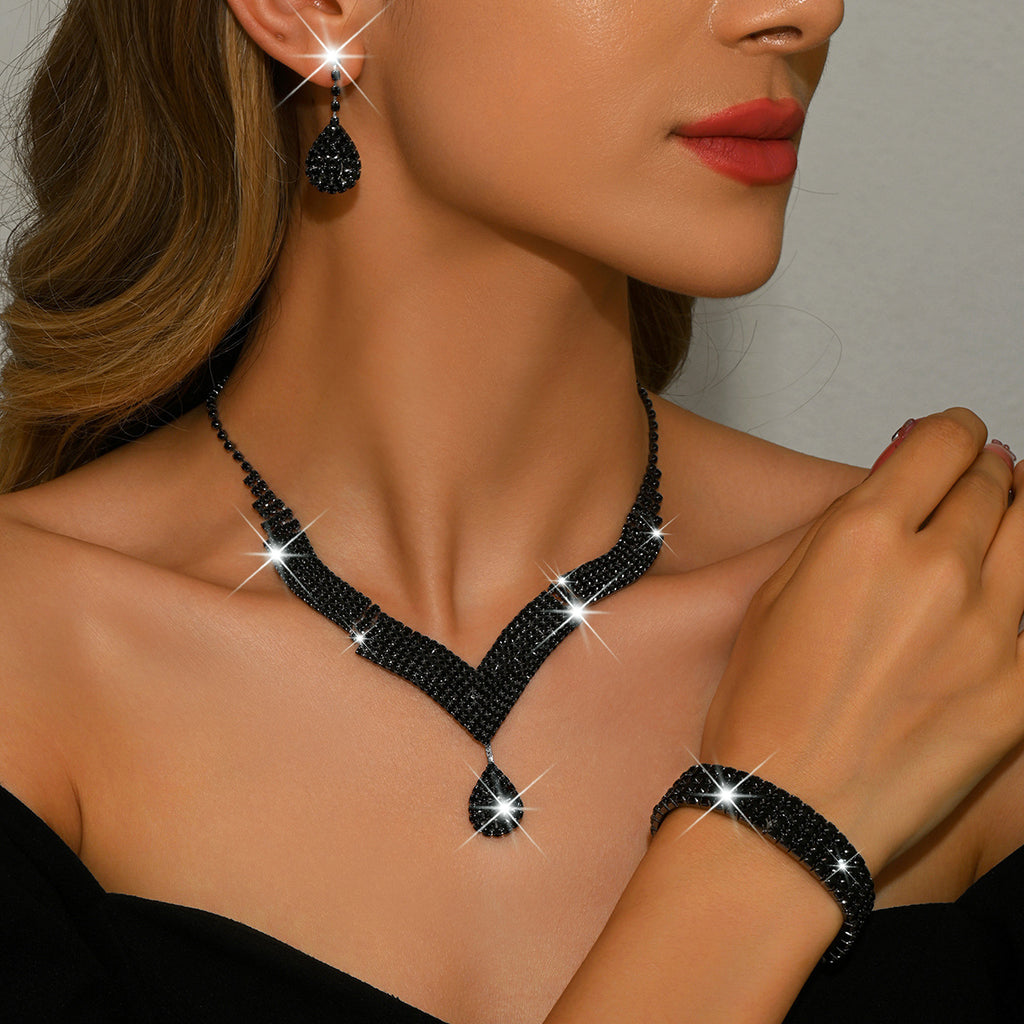 Luxury Gold Rhinestone Jewelry Set for Women Bridal Necklace Earrings Bracelet Ring Gift