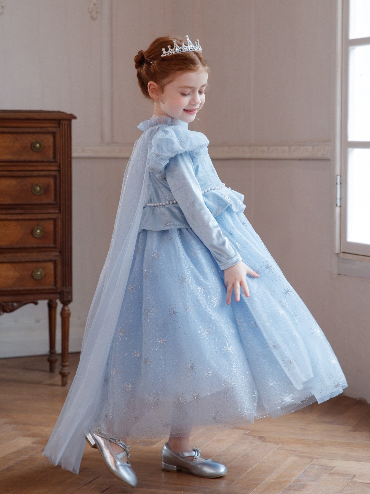 New Arrival Girls' Light Blue Sequin Tulle Dress Premium Puffy Christmas Birthday Formal Wear
