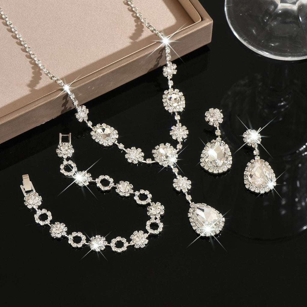 Silver Crystal Rhinestone Jewelry Set Teardrop Necklace Bracelet Earrings for Wedding or Party