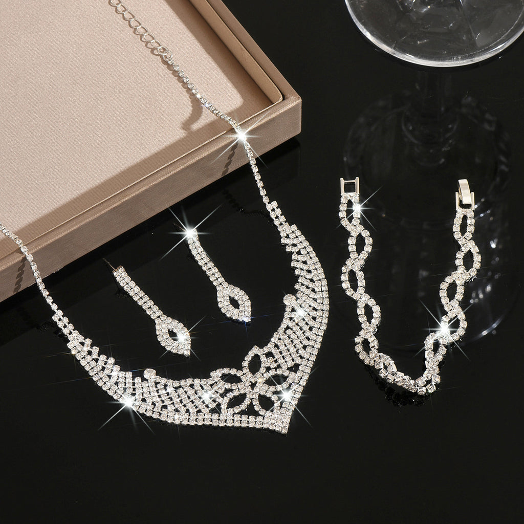 3 Piece Silver Rhinestone Jewelry Set Necklace Earrings and Bracelet for Brides