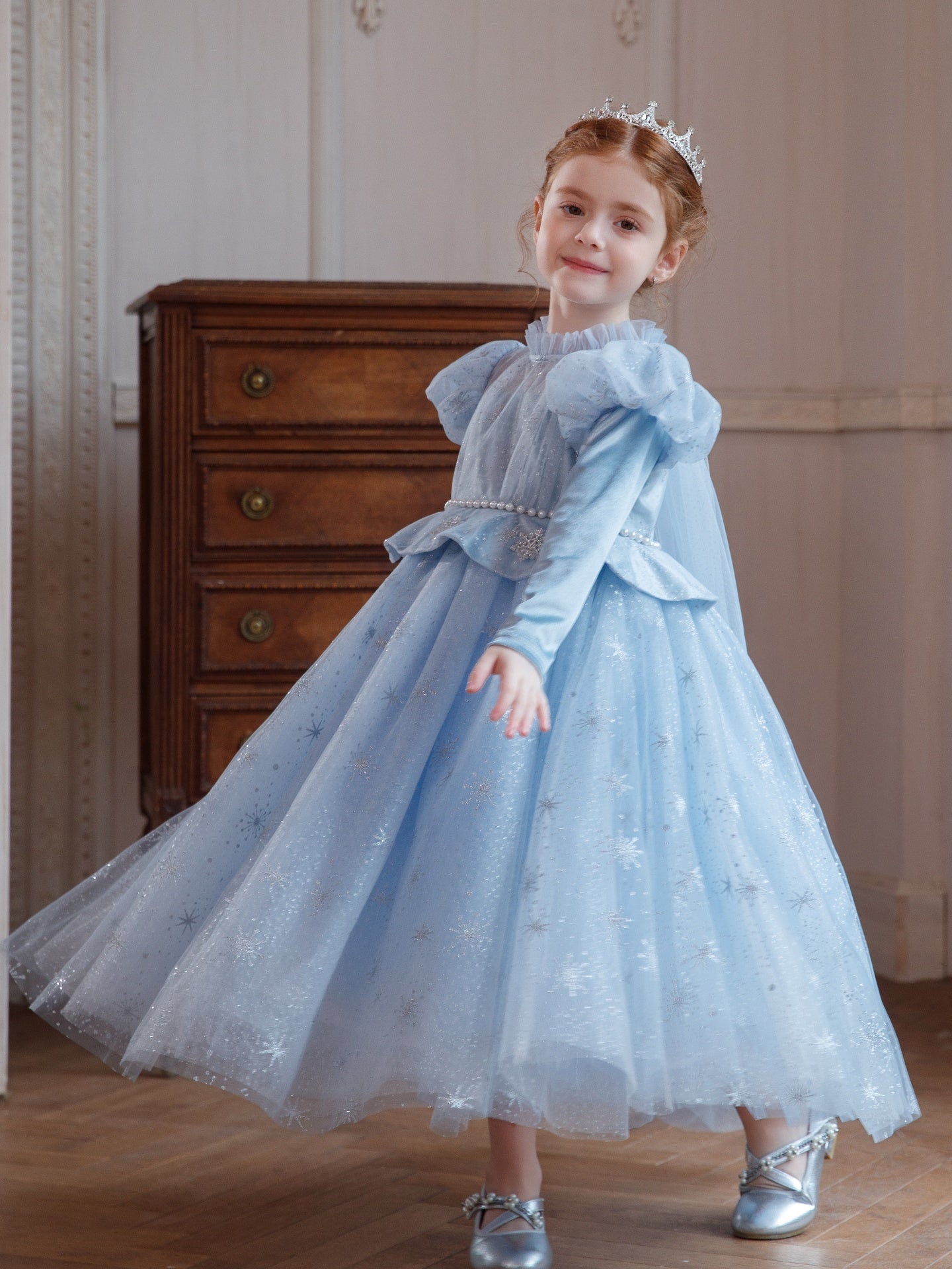 New Arrival Girls' Light Blue Sequin Tulle Dress Premium Puffy Christmas Birthday Formal Wear