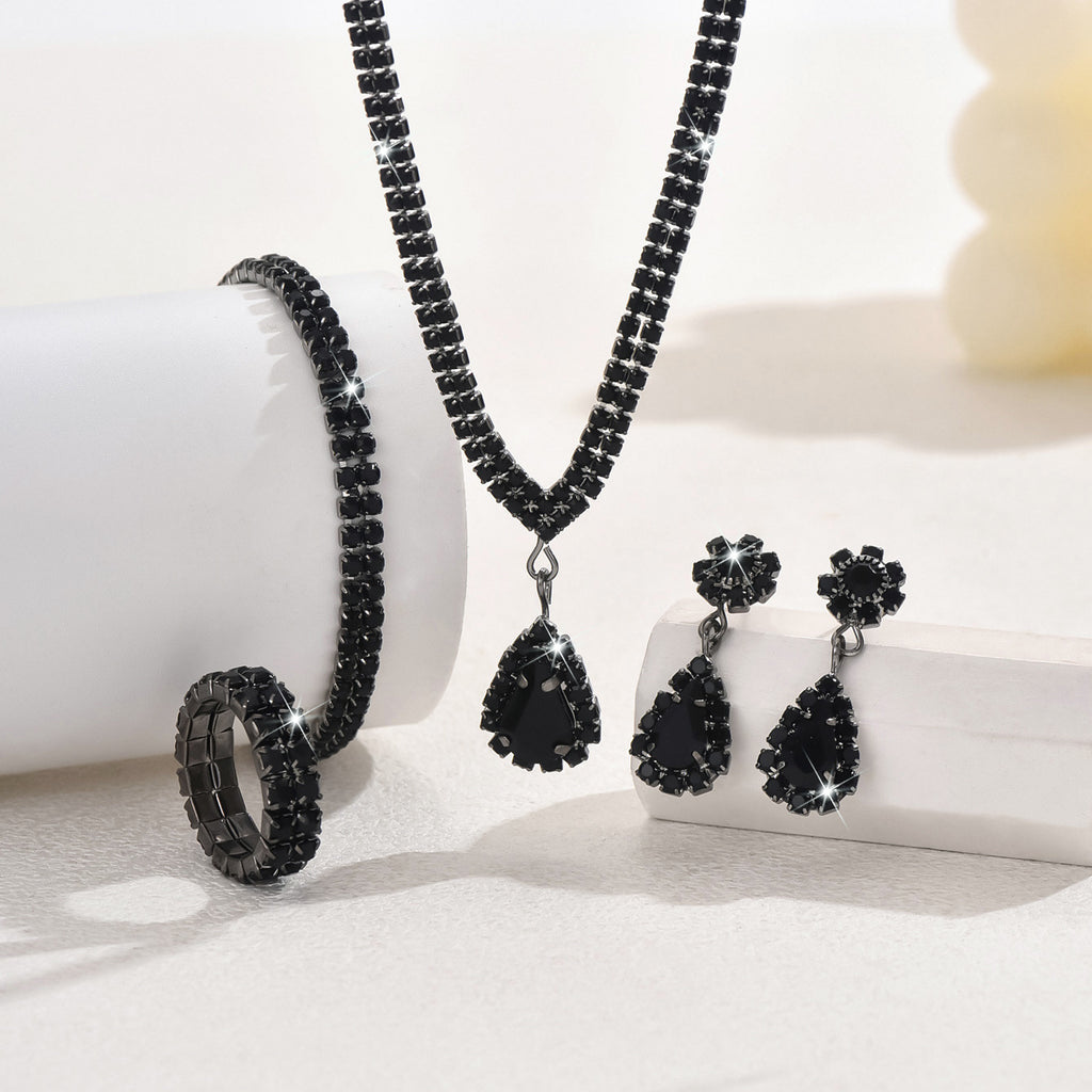 4 Piece Gold Rhinestone Jewelry Set Necklace Earrings Bracelet and Ring for Brides