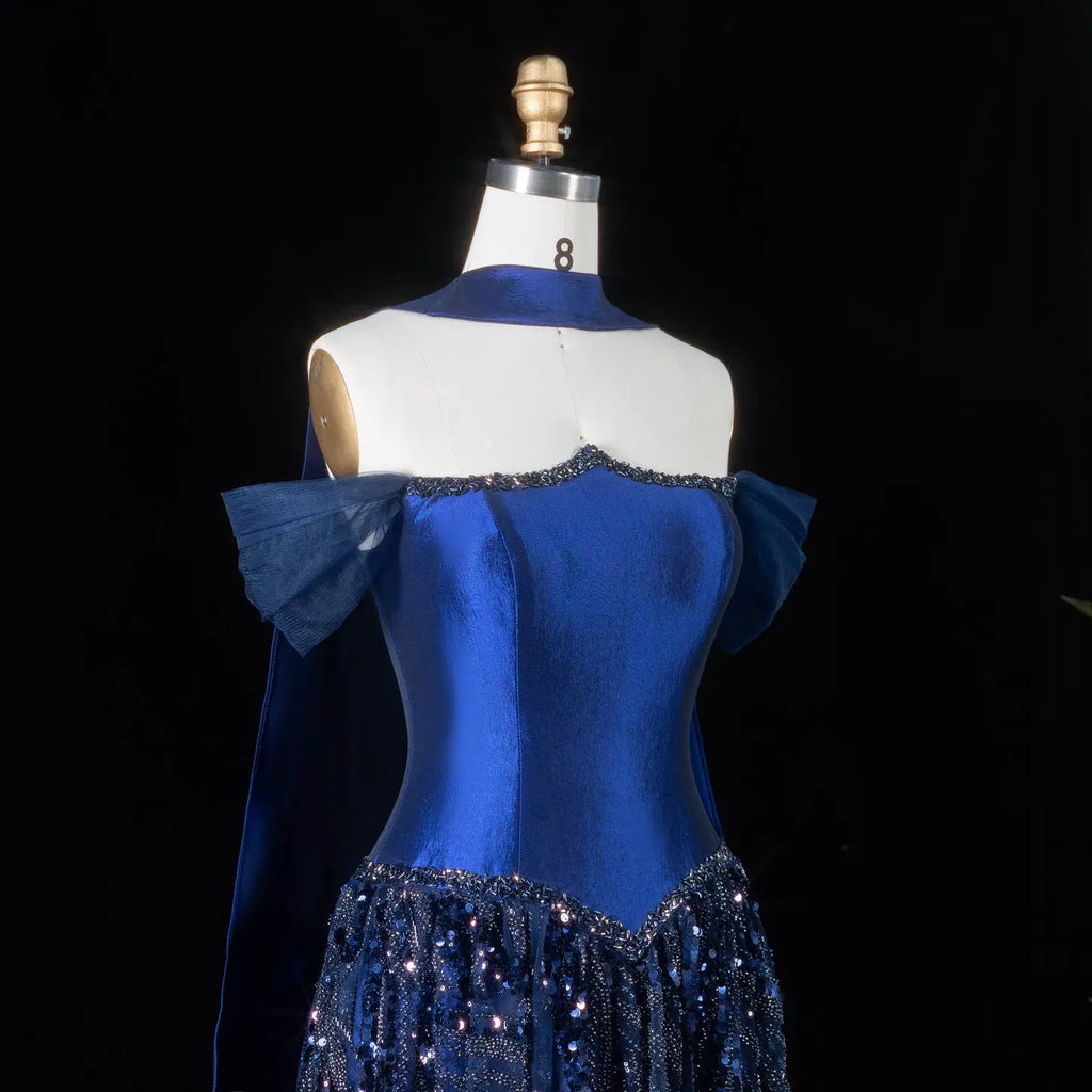 Luxury Off-Shoulder Sequin Evening Gown with Choker Scarf SL174