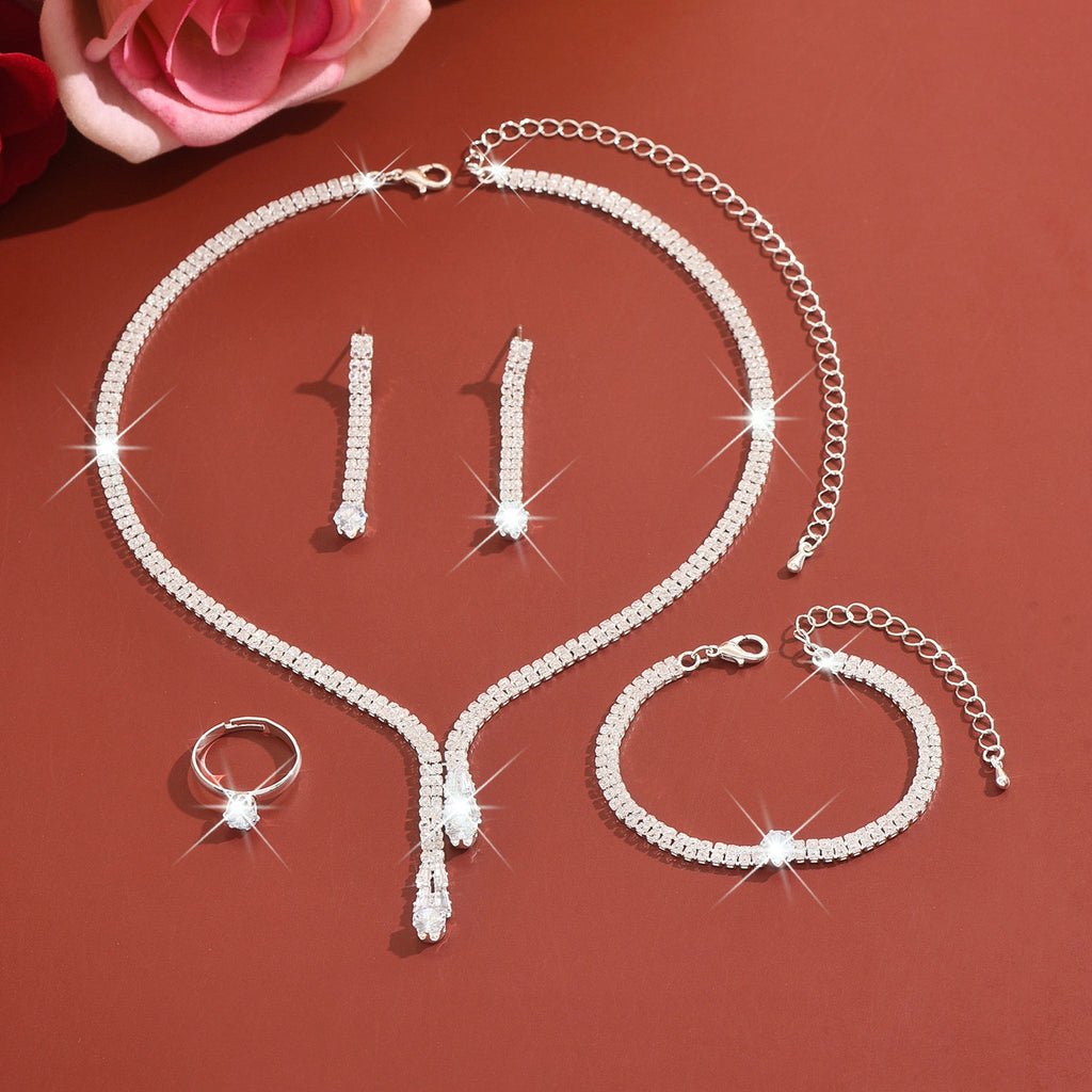 Elegant Gold Crystal Jewelry Set for Women 4 Piece Necklace Earrings Bracelet Ring