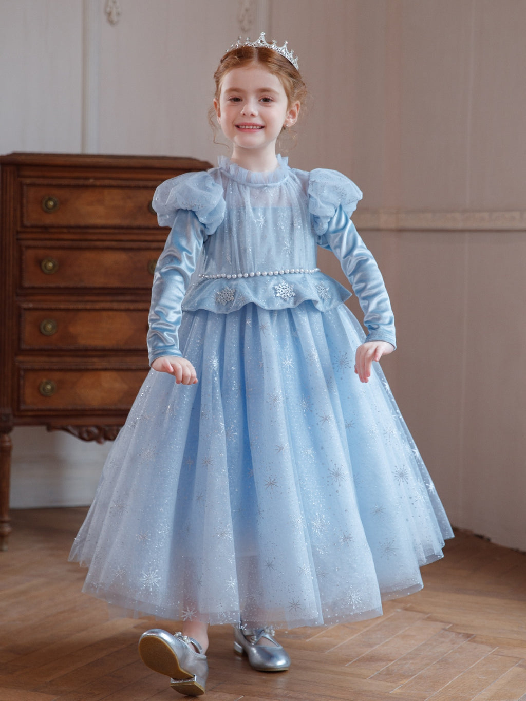 New Arrival Girls' Light Blue Sequin Tulle Dress Premium Puffy Christmas Birthday Formal Wear