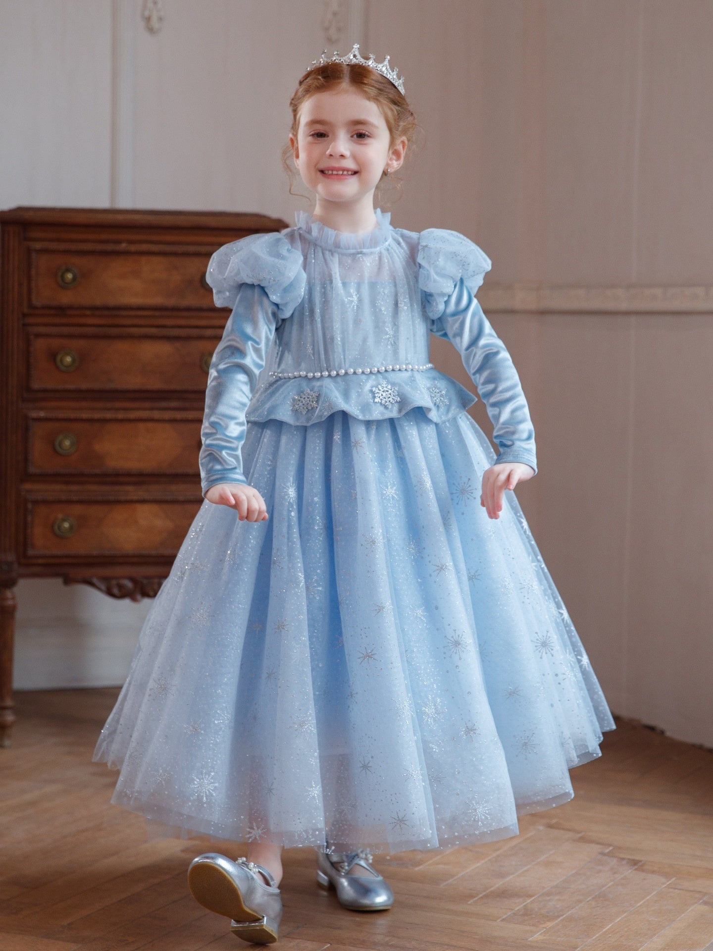 New Arrival Girls' Light Blue Sequin Tulle Dress Premium Puffy Christmas Birthday Formal Wear