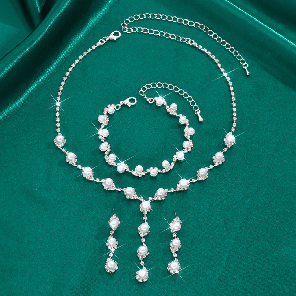 Gold Pearl Rhinestone Jewelry Set Necklace Bracelet Earrings for Wedding or Party