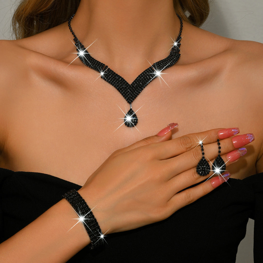 Luxury Gold Rhinestone Jewelry Set for Women Bridal Necklace Earrings Bracelet Ring Gift