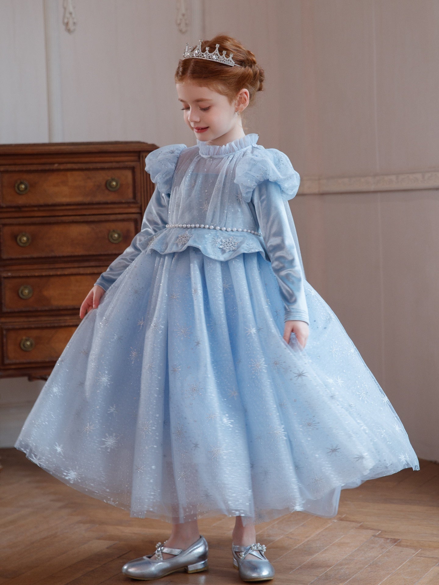 New Arrival Girls' Light Blue Sequin Tulle Dress Premium Puffy Christmas Birthday Formal Wear