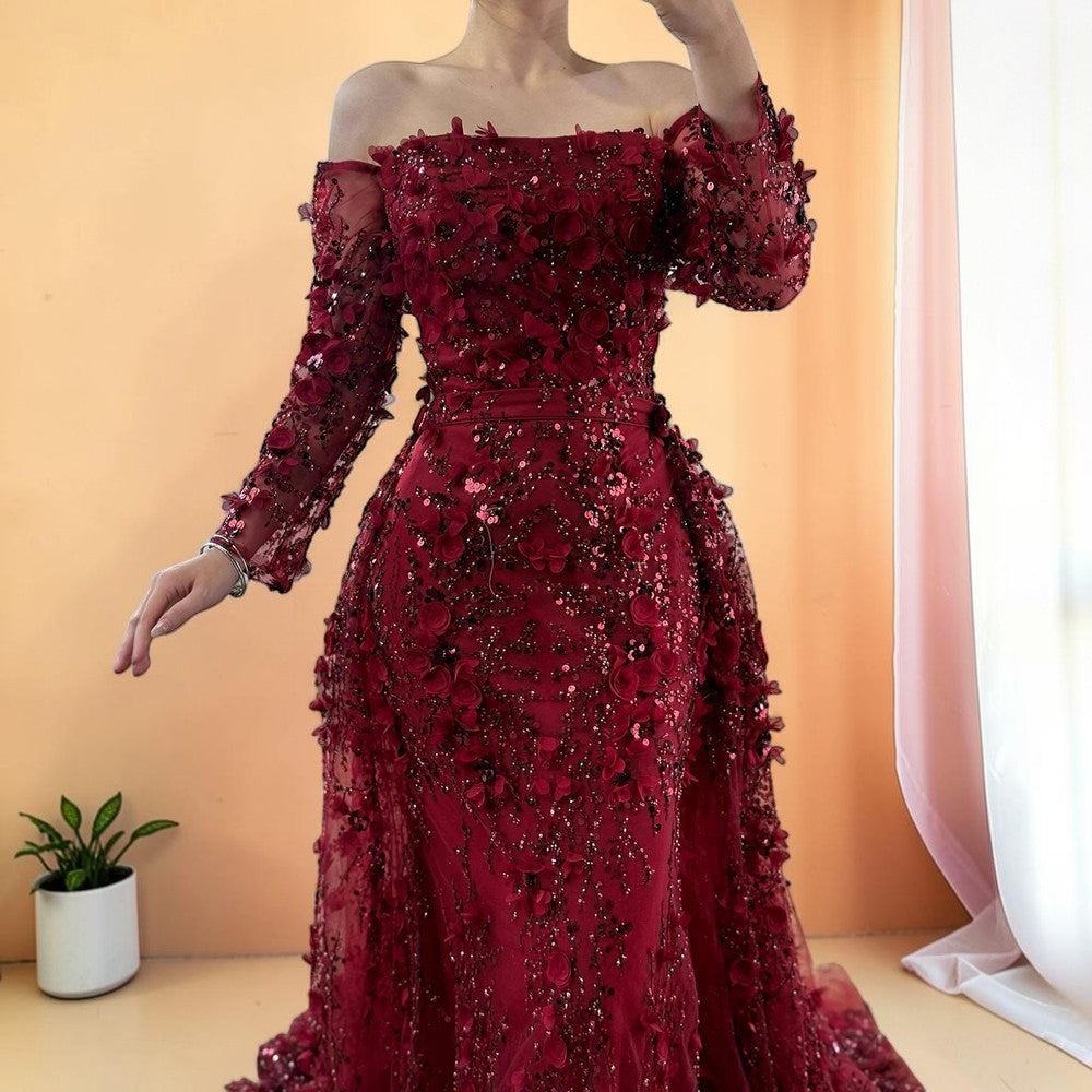 Elegent White Off-Shoulder 3D Floral Evening Gown with Sheer Sleeves SL200