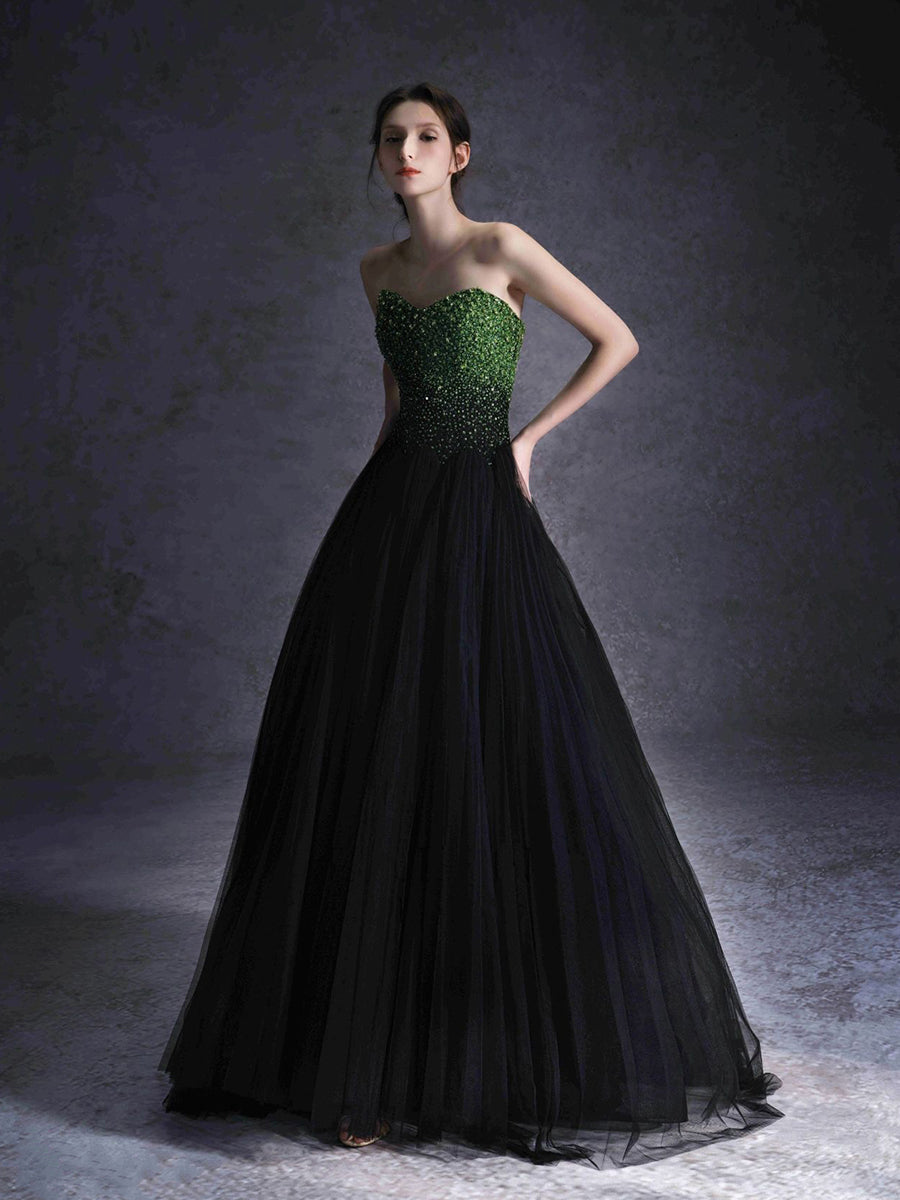 Black Tulle Ball Gown Evening Dress with Green Beaded Bodice E049