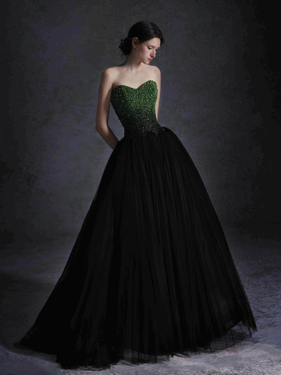 Black Tulle Ball Gown Evening Dress with Green Beaded Bodice E049