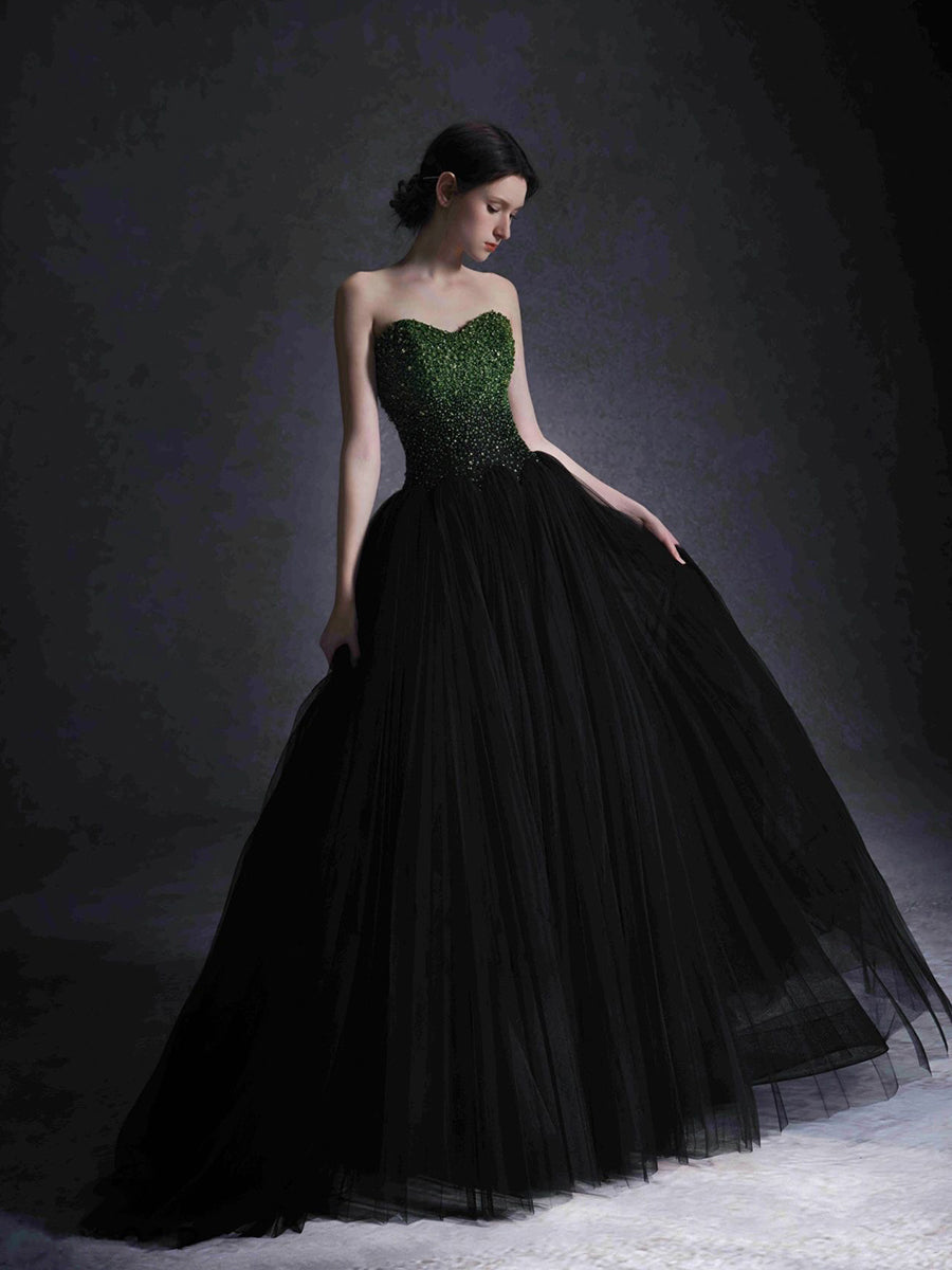 Black Tulle Ball Gown Evening Dress with Green Beaded Bodice E049