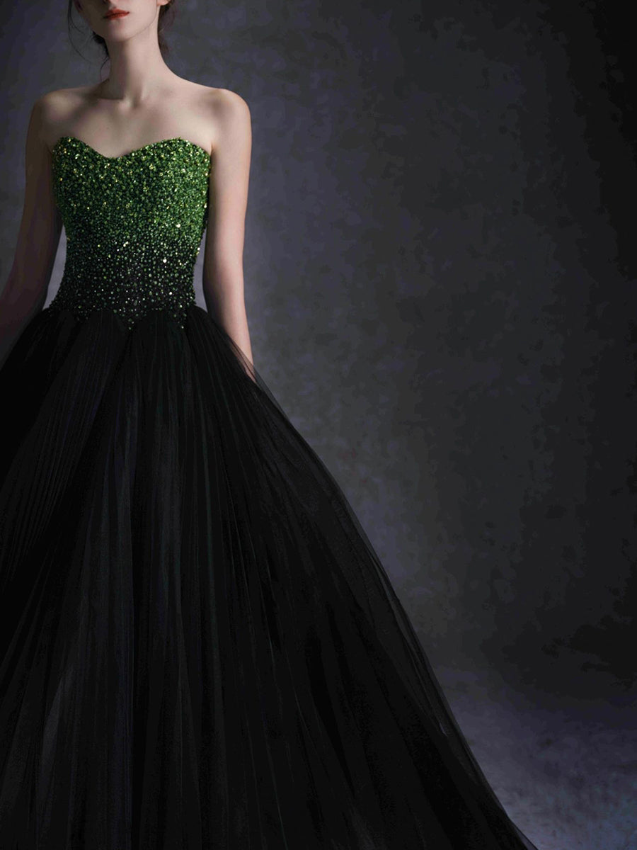 Black Tulle Ball Gown Evening Dress with Green Beaded Bodice E049